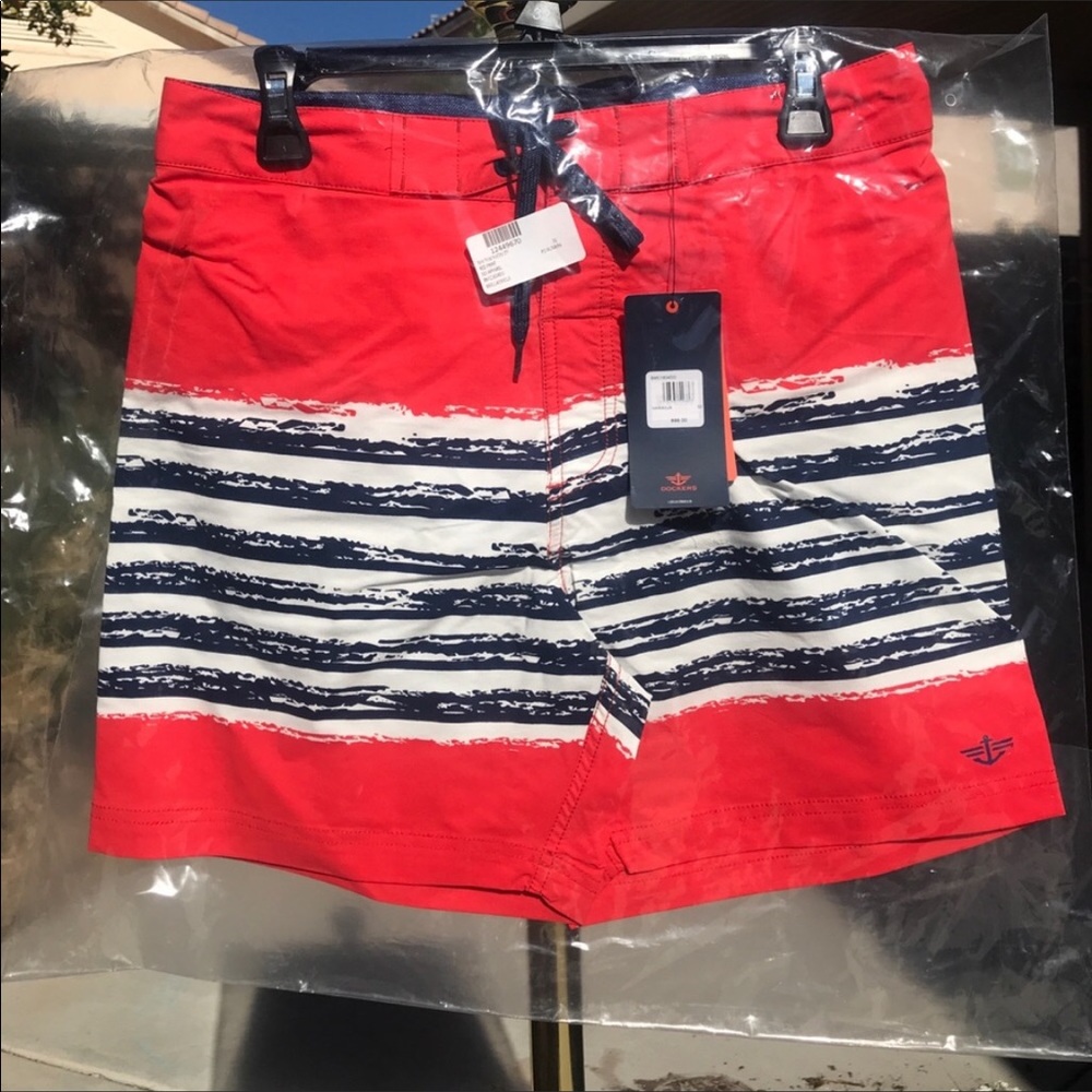 Dockers Men's SAND Stripe Swim Trunks, Orange, 32